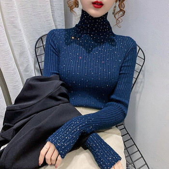 布娃娃新款针织衫女打底衫秋冬高领时尚亮片修身百搭上衣 藏蓝色 均码