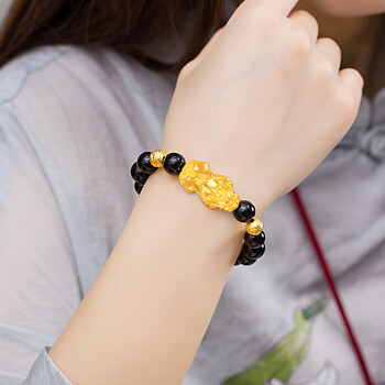 饰之秀越南沙金貔貅佛珠手串男玛瑙红黑曜石皮丘男士转运珠3d硬金手链