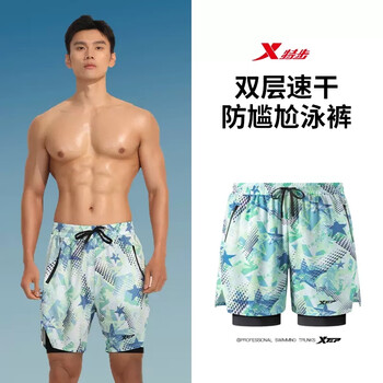 特步（XTEP）泳裤男士防尴尬男生泳游泳衣夏季温泉套装游泳裤装备平角大码泳裤 0187绿色星星款 【五分防尴尬】 2XL 【建议体重140-160斤】