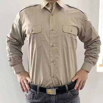 老人的确良男衬衣库存87式米黄老式长袖内衬透气吸汗衬衫工作服 米黄