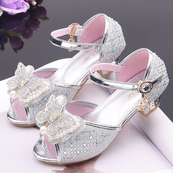 花菈猫童鞋女童凉鞋2022夏季新款儿童高跟鞋中大童鱼嘴鞋蝴蝶结水晶鞋