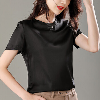诗晗柔 真丝短袖女圆领22年春夏新款纯色t恤宽松显瘦桑蚕丝上衣女