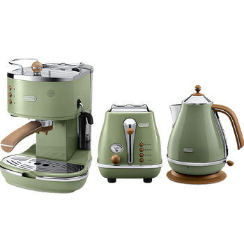 德龙(Delonghi)家用泵压意式半自动咖啡机全不锈钢ECO310/311复古多士炉吐司机热水壶 ECO310+水壶+多士炉(三件套橄榄绿)