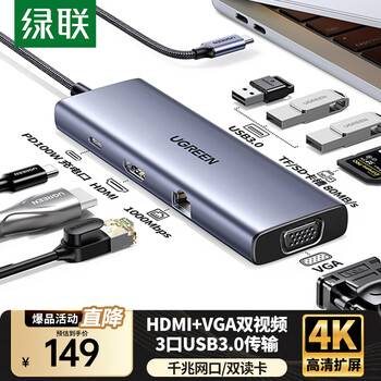 绿联 Type-C扩展坞转HDMI拓展坞 投屏 千兆网口 读卡分线器适用车载Macbook IPad Phone笔记本电脑 9合1【双投屏+网口+USB3.0】