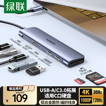 绿联Type-C扩展坞USB-C拓展坞转HDMI读卡器HUB分线器电脑转换器通用MacbookPro IPad IPhone15雷电4 7合1【读卡】4K投屏+C口传输