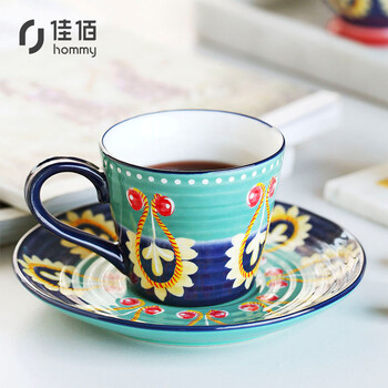 佳佰 美式彩绘 咖啡杯碟带勺 陶瓷马克杯牛奶杯茶杯碟 杯子一杯一碟送勺