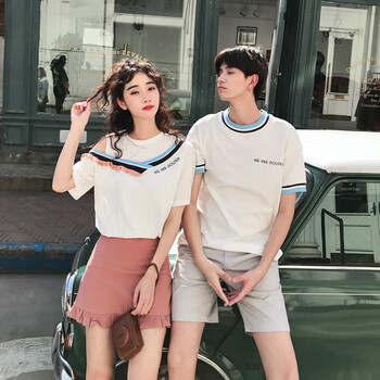 美连诚 口袋，拼接，露肩，拼色 短袖 T恤 女 圆领