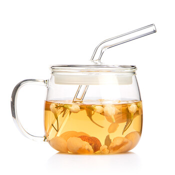 雅集玻璃杯女茶杯家用 带把带盖创意花茶杯吸管杯400ml