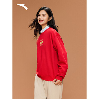 安踏（ANTA）好事发生丨幸运花红色套头卫衣女士冬季新款宽松长袖加绒上衣内搭 【纤密暖绒】浓郁红-2 S (女160)