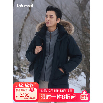 LAFUMA户外防泼水鹅绒羽绒服男士 秋冬防风派克可拆卸帽毛领LMJU5DH66 黑色BK M (48)175/96A
