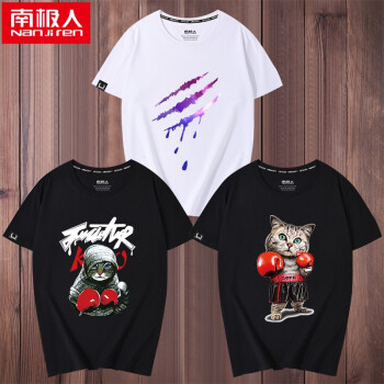 南极人（Nan Ji ren） 短袖 男士T恤 白/星空抓痕-黑/帽子猫-黑/拳击猫 