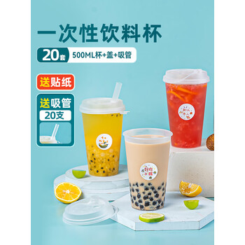 特美居（temeiju）奶茶杯一次性饮料杯500ml*20套 塑料咖啡杯带盖果汁杯子带吸管