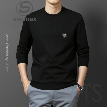 SEEMAX 长袖 男士T恤 黑色 XL，4XL，5XL，L，M，XXXL，XXL