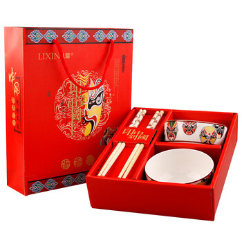新款脸谱碗筷套装 高档礼品碗  创意手绘陶瓷餐具 企业定制 红脸谱2碗2筷 礼盒装