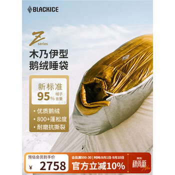 黑冰（BLACKICE）新款【Z系列轻量款木乃伊式鹅绒羽绒睡袋】户外露营睡袋 (新标准)Z1000/金灰 L