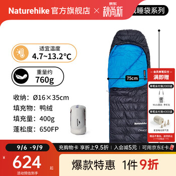 Naturehike挪客蝉翼信封带帽羽绒睡袋户外露营高蓬保暖春夏秋冬四季防寒午休 适宜4.7~13.2°C/CW400夜幕黑M