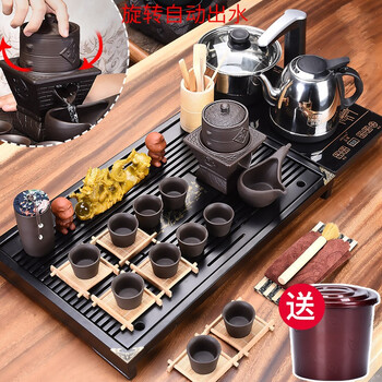 豪峰经典 整套紫砂茶具套装家用功夫泡茶壶豪峰实木茶托盘茶海茶台茶道配件配四合一电器 【黑+实木马到成功+紫砂灶福+电器+桶】