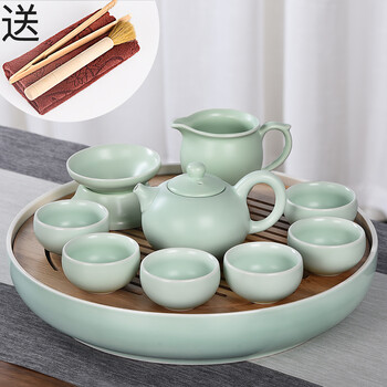 豪峰整套功夫汝窑茶具套装家用干泡台储水式陶瓷茶盘托盘茶海茶台茶壶茶具套装【幽远茶盘+幽韵10件套+简装】