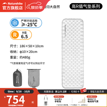 Naturehike挪客徒野R6.5加厚侧墙超轻充气床垫露营睡垫户外防潮垫野营气垫 【R值6.5】186*58*10cm-方形标准