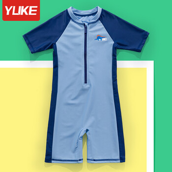 羽克（Yuke）儿童泳衣男童新款连体防晒速干保暖中大童宝宝男孩泳裤温泉游泳衣 藏青小恐龙  5XL建议身高(150-160cm)
