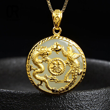 琼瑞阁金镶玉吊坠女白玉圆牌和田玉玉坠足金镶玉龙凤呈祥挂件项链送