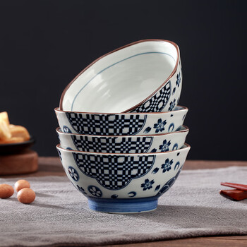 靓佳 碗 米饭碗 碗盘碟 餐具 花之海高温釉下彩5英寸八角高脚米饭碗4个装