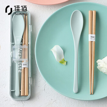 佳佰创意简约便携式餐具勺子木筷3件套装旅行外出学生白领便当配套神器-绿色