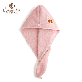 洁丽雅兰干发帽 柔软强吸水干发帽 63x26cm 丛林系列小猪布朗熊干发帽 粉色约46g