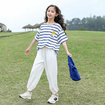 纤月情女童套装夏季休闲女孩衣服9一12岁中大童条纹短袖束脚长裤两件