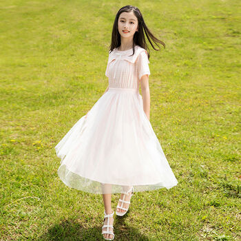 童9-12岁公主裙小女孩童装裙子中小学生夏装格子纱裙韩版新款纯色长裙