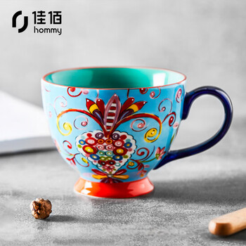 佳佰 美式早餐杯高脚马克杯陶瓷杯子办公杯咖啡杯水杯大容量麦片杯手绘创意杯子