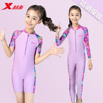 特步儿童泳衣女童夏中大童女孩连体游泳衣青少年宝宝新款女孩防晒泳装 粉紫色短款 【单件】 20码（建议身高155-165cm）