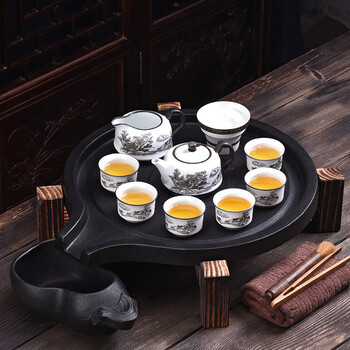 豪峰整套功夫茶具套装家用石墨茶盘储水式托盘茶道茶海茶台套装 【黑陶长嘴石磨+雪花釉山水人家+无电器】