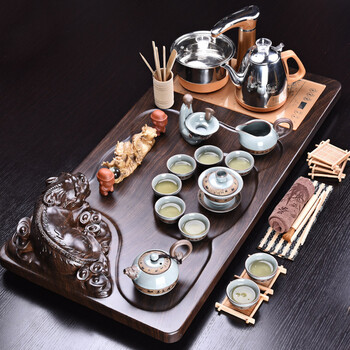 豪峰整套功夫茶具套装家用竹木茶盘托盘茶道茶海茶台茶杯配四合一电器套装【貔貅+哥窑龙腾+C电器】
