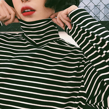 怡品堂 条纹 短袖 T恤 女 高领