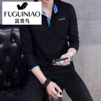 富贵鸟（FUGUINIAO） 长袖 男士T恤 黑色蓝领 XL，L，XXXL，XXL，M