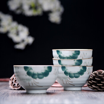 靓佳 高温釉下彩 鱼趣4.5英寸高脚米饭碗4个装 汤碗 饭碗 日式碗 陶瓷碗 碗  高脚碗 防烫 加厚碗
