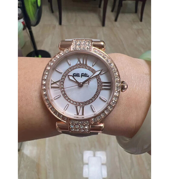 folli follie芙丽芙丽镶钻石英女表贝母表盘牛皮表带轻