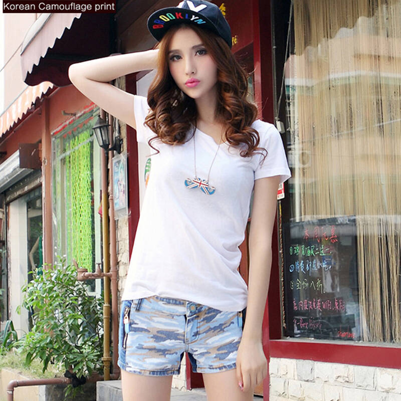 莉纱芙特 2014夏装 韩版潮范迷彩印花牛仔短裤 时尚甜美少女低腰热裤