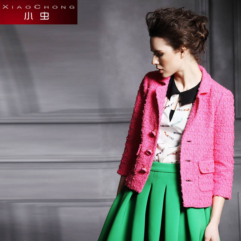 小虫 秋冬款三粒扣编织彩色底长袖棉短款外套 女装xc14s4009 桃红色 m