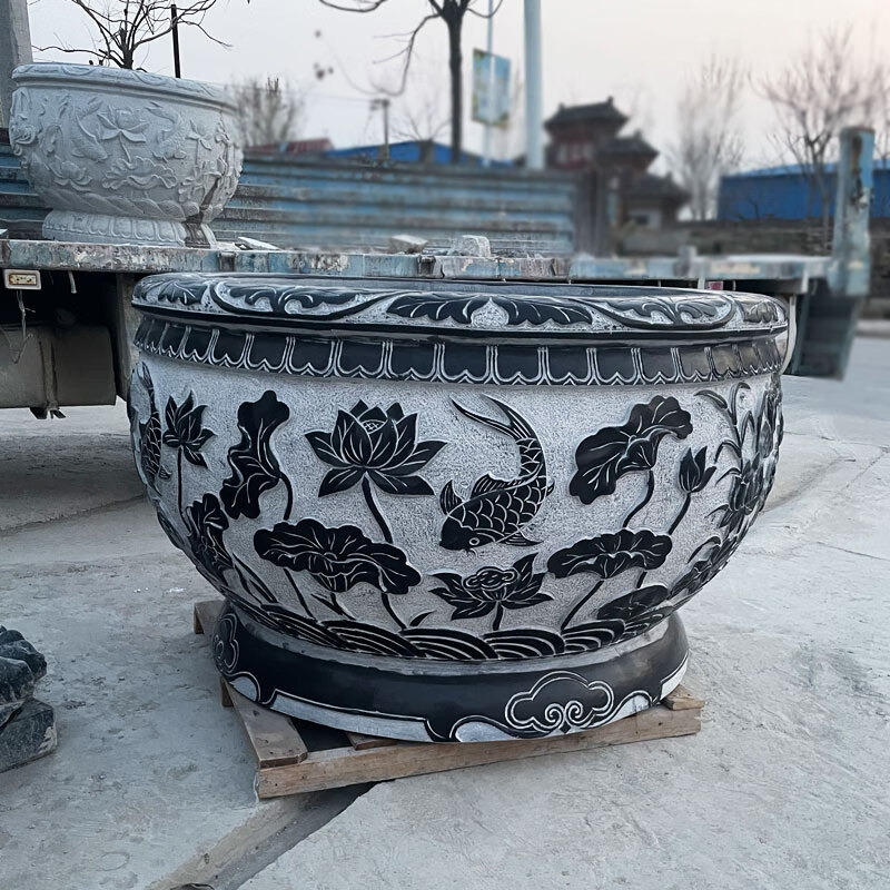 石雕鱼缸大理石圆形荷别墅庭院装饰种花门海晚霞红新中式石缸 汉白玉