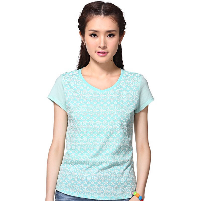 夏装新款 真维斯女装杏领全棉舒适印花短袖t恤jw-43-273530 8620 水