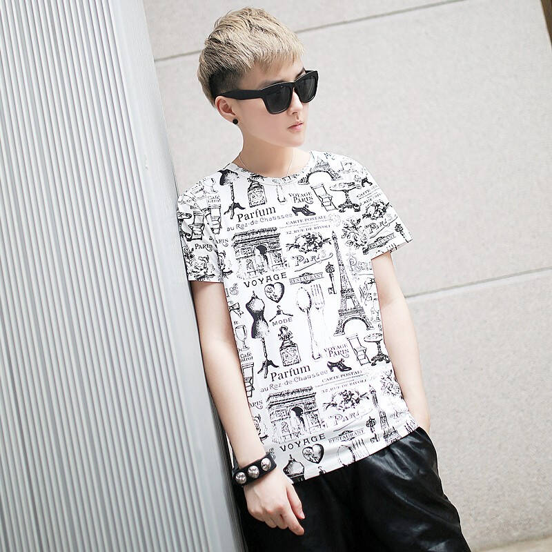 落雁莎 2014新款夏季欧美风林弯弯帅t修身短袖t恤 白色 m