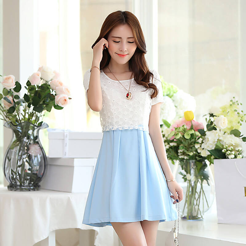 芬妮丝夏装女装圆领短袖连衣裙欧根纱短裙 修身雪纺连衣裙 女 鹅黄色