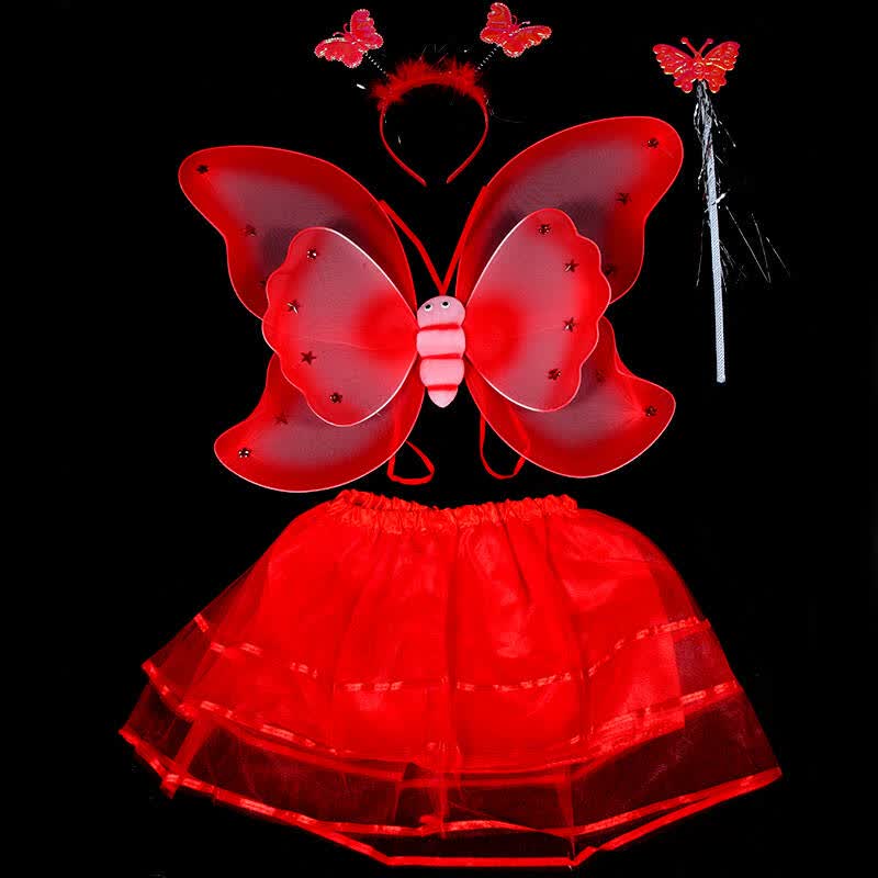 六一儿童节表演 天使羽毛蝴蝶翅膀三件套 演出服装舞蹈 可爱 红色双层