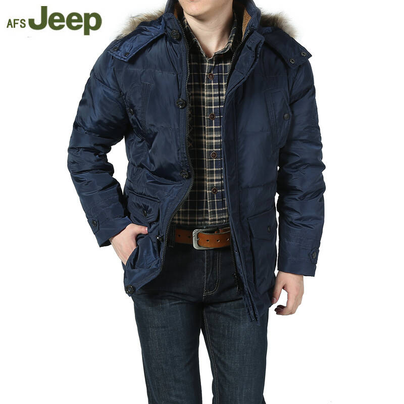 战地吉普afs jeep 14秋冬新款时尚长袖大毛领羽绒服 男装休闲羽绒外套