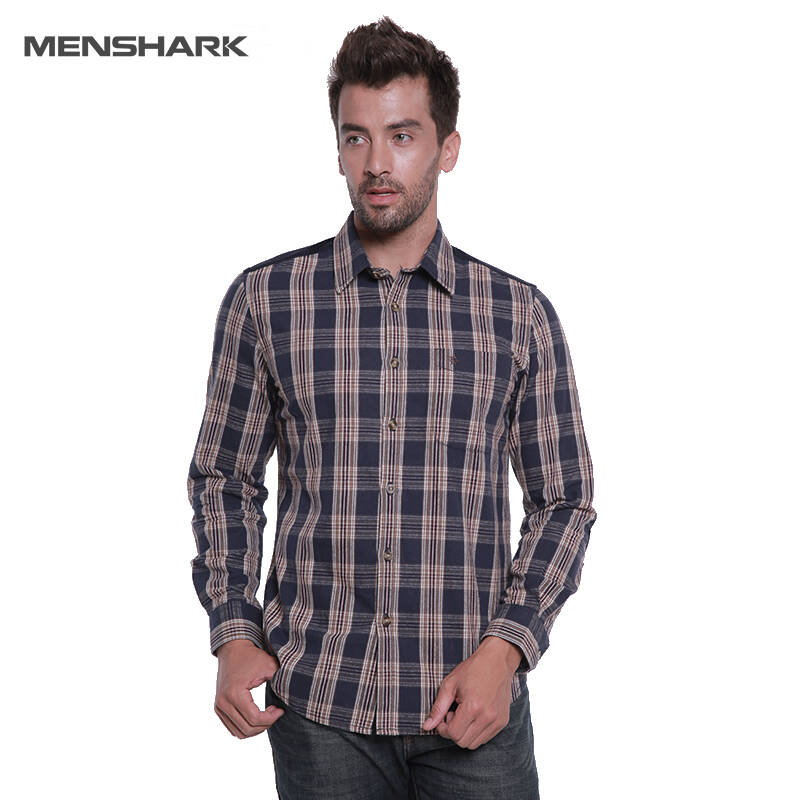 鲨鱼menshark 男士休闲衬衫 加厚大格纹长袖衬衫 商务休闲款 蓝色 m