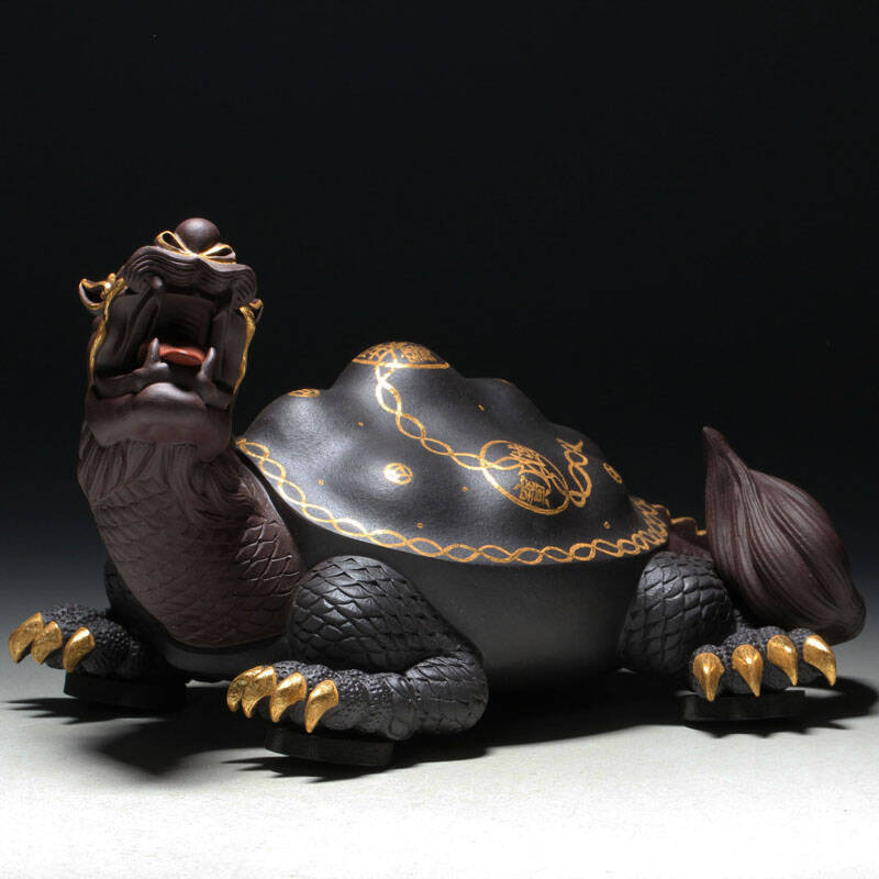 友谊茶亭宜兴紫砂摆件 周健全手工雕塑 全福全寿龙龟 茶宠 描金