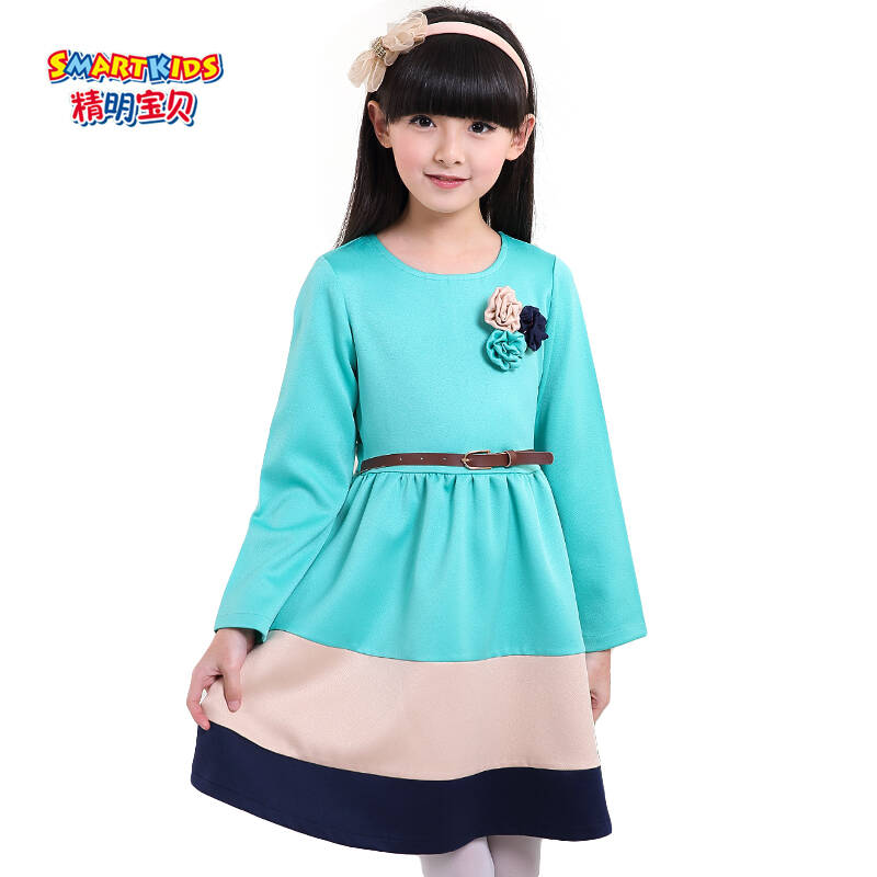 精明宝贝(smartkids)2015春季新款童装女童韩版长袖花朵连衣裙儿童