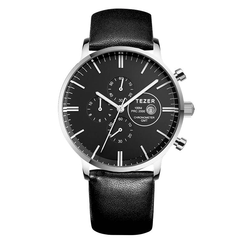 天时(tezer)手表 男士手表瑞士品牌男表石英表t5006g 黑面黑皮